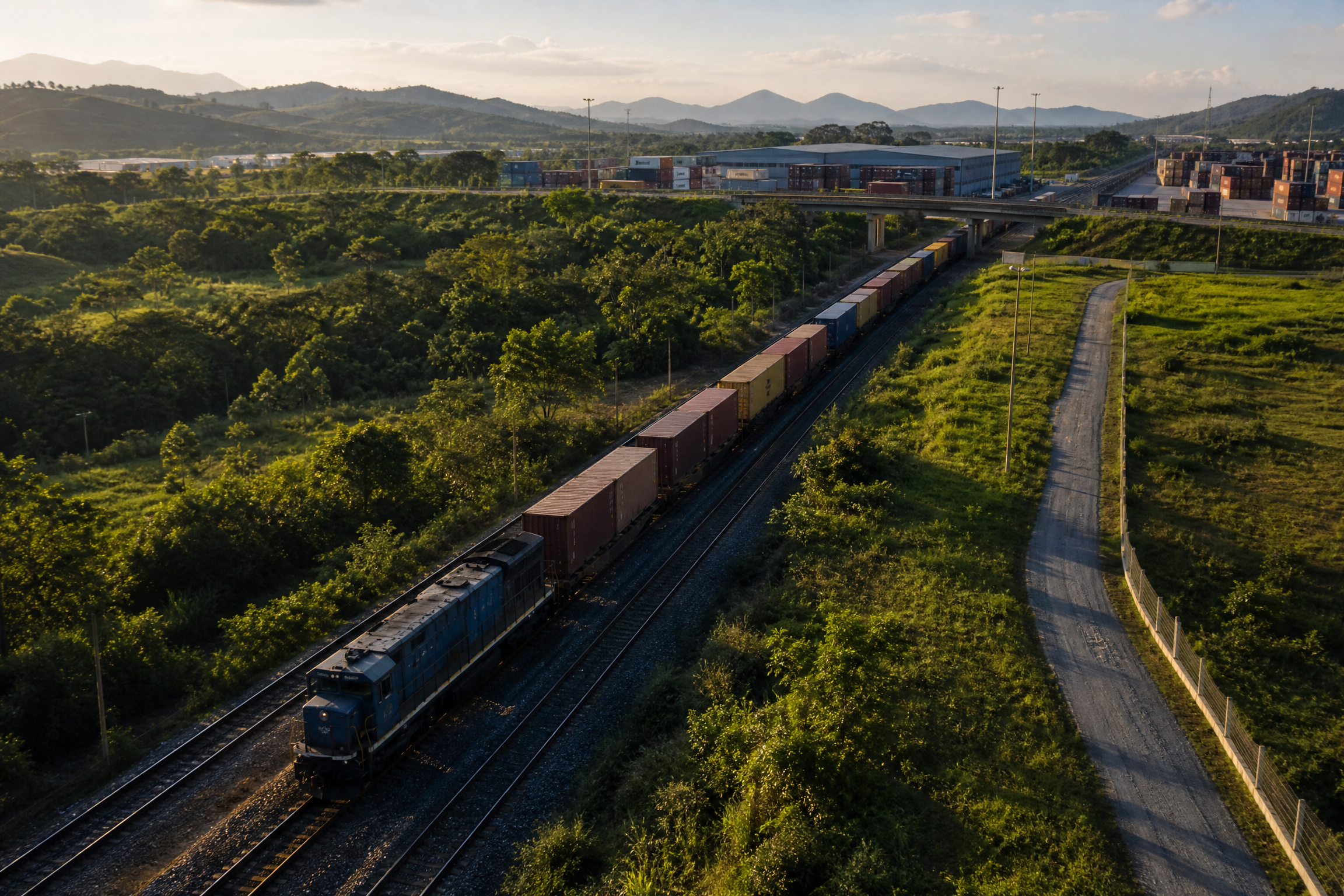 Trem de carga seguindo um corredor logístico brasileiro